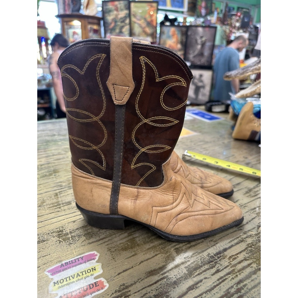 Vintage Childrens Western Cowboy Boots -Brown & Tan Leather Made in USA
